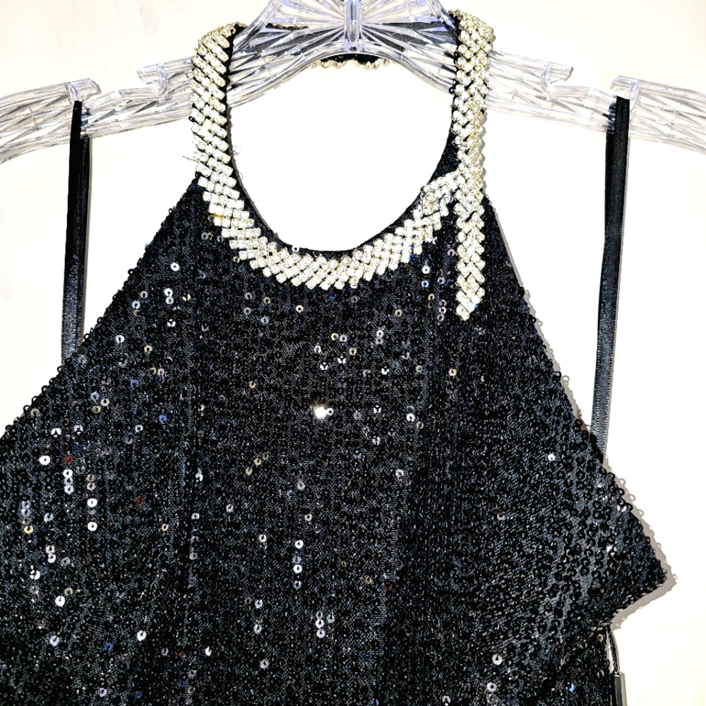 NWT MAC DUGGAL BLACK SEQUIN, FULL LENGTH HALTER DRESS WITH CRYSTAL COLLAR SIZE 2